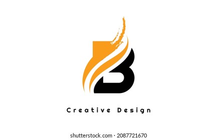 B Letter Design Brush Paint Stroke. Letter Logo with Black Paintbrush Stroke.