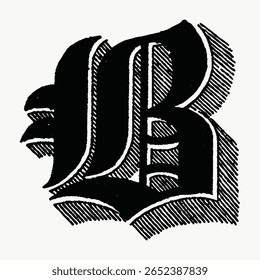 B letter, different types of shadings on font, vintage illustration isolated on white, vector. Creative font and typography letter, isolated vector. Vintage black font.