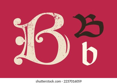 B letter drop cap logo. Illuminated initial and blackletter uppercase and lowercase. All you need to precisely imitate medieval text. Decorative element for the beginning of a paragraph or section.