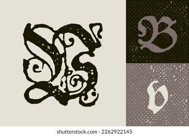 B letter drop cap logo. Illuminated initial and blackletter uppercase and lowercase. All you need to precisely imitate medieval text. Decorative element for the beginning of a paragraph or section.