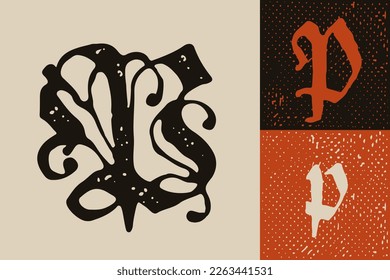 B letter drop cap logo. Illuminated initial and blackletter uppercase and lowercase. All you need to precisely imitate medieval text. Decorative element for the beginning of a paragraph or section.