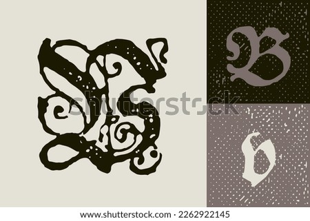 B letter drop cap logo. Illuminated initial and blackletter uppercase and lowercase. All you need to precisely imitate medieval text. Decorative element for the beginning of a paragraph or section.