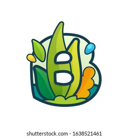 B letter eco logo with green leaves and dew drops. Vector ornate typeface for natural labels, organic company, vegan posters etc.