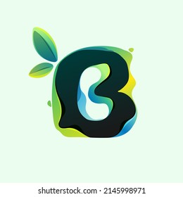 B letter eco logo with green leaves in hologram glitch style. Environment friendly icon with color shift and illusion effect. Vector element for waste recycling identity, natural theme presentation.