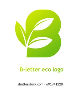 B letter eco logo isolated on white background. Organic bio logo with a leaf of sprout grass for corporate style of company or brand on letter B. 