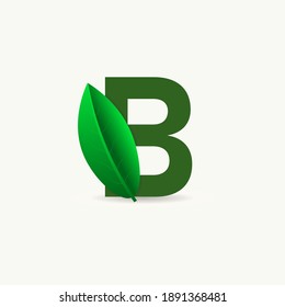 B letter eco logo with leaf. Vector font for nature posters, eco friendly emblem, vegan identity, herbal and botanical cards etc.