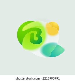 B letter eco logo in round splash with green leaf and sun. Realistic glassmorphism style translucent icon. Environment friendly negative space emblem for agriculture advertising, and healthy food.