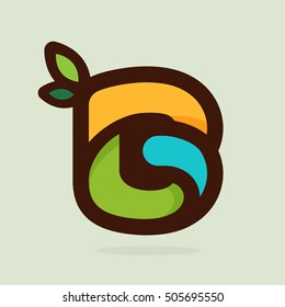 B letter flat style logo with green leaves. Vector elements for ecology posters, t-shirts and cards.