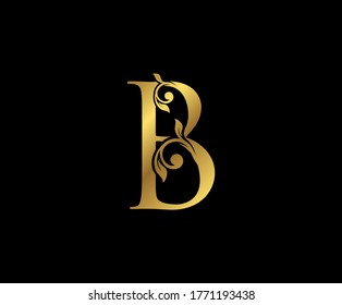 B Letter Floral Gold logo. Classy drawn emblem for book design, weeding card, brand name, business card, Restaurant, Boutique, Hotel. 