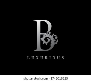 B Letter Floral logo. Vintage silver majestic letter stamp for book design, weeding card, label, business card, Restaurant, Boutique, Hotel. 