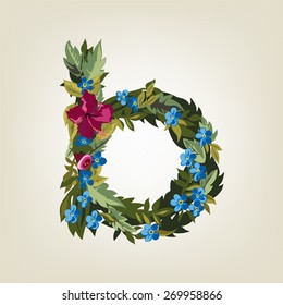 B letter. Flower  alphabet. Colorful font. Lowercase.  Vector illustration.