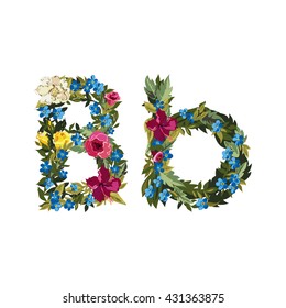 B letter. Flower capital alphabet. Colorful font. Uppercase and lowercase. Vector illustration. Grotesque style. Floral alphabet. 