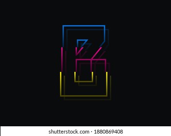 B letter font, vector design logo. Dynamic, split-color, blue, pink, yellow on black background. Eps10 illustration