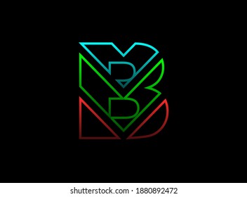 Tipo de letra B, logotipo de diseño vectorial. Dinámico, rgb de dos colores, rojo, verde, azul sobre fondo negro. Ilustración Eps10