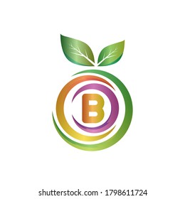 B letter fruit logo with green leaf and gradient.B Letter Orange logo design.B letter circle fruit logo design.Leaf and fruit logo with B letter