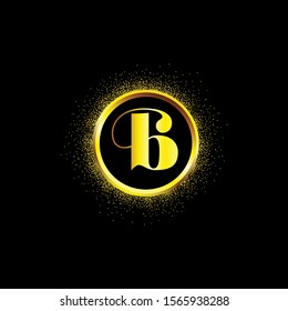 B letter golden icon in middle of golden sparking ring. B logo sign with empty center. Golden sparkling ring with dust glitter graphic on black background. Glorious decorative glowing shiny design.