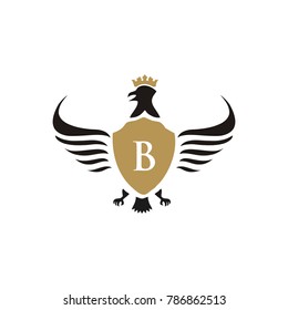 B letter heraldic logo vector illustration with wings gold color 