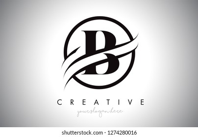 B Letter Icon Logo Design with Circle Swoosh Border and Black Colors. Creative B Design Vector Illustration.