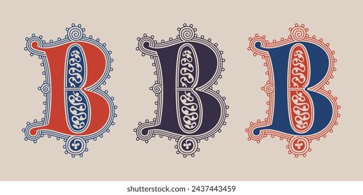 B letter illuminated gothic monogram with naturalistic flowers ornament. German drop cap. Dark age decorative logo. Classic medieval red and blue Latin initials font based on XIV century manuscript.