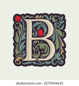 B letter illuminated initial with curve leaf ornament and tulips. Medieval dim colored fancy drop cap logo. Gothic heraldry blackletter dark-age emblem. Perfect for luxury calligraphy with pattern. - Shutterstock ID 2275394633