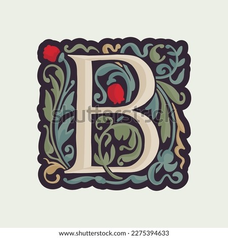 B letter illuminated initial with curve leaf ornament and tulips. Medieval dim colored fancy drop cap logo. Gothic heraldry blackletter dark-age emblem. Perfect for luxury calligraphy with pattern.