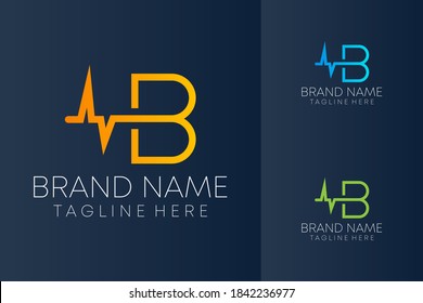 b letter line heart monitoring medical logo design concept, b medical logo