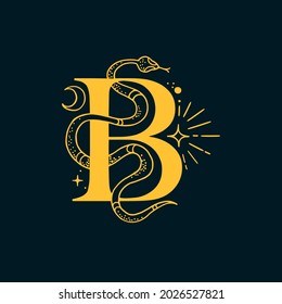 B letter logo in the astrological style. Hand drawn monogram for magic postcards, medieval style posters, esoteric advertise, luxury ornate T-shirts.