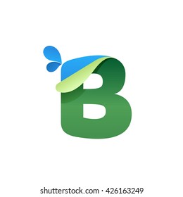 B letter logo with blue drops and folded corner. Vector paper style typeface. Ecology letter for card, app icon, corporate identity, label or poster.
