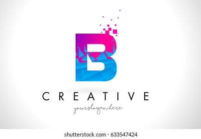 B Letter Logo with Broken Shattered Blue Pink Triangles Texture Design Vector Illustration.