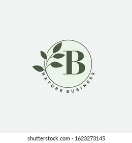 B Letter Logo Circle Nature Leaf,  vector logo  design concept  botanical floral leaf with initial letter logo icon for nature business.
