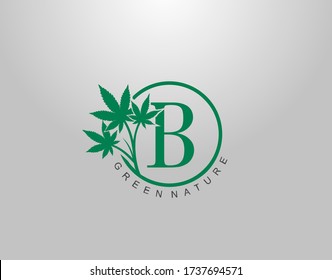 B Letter Logo Circle Nature Canabis Leaf, vector logo design concept medical marijuana leaf with initial letter logo icon for nature business.