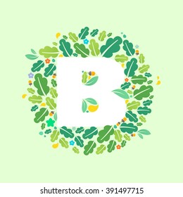 B letter logo in a circle of oak leaves and acorns. Summer font style, vector design template elements for your ecology application or corporate identity.