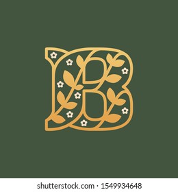 B letter logo consisting of floral pattern letters with chamomile flower. Linear classic vector font. Can be used for cosmetics, spa, beauty salon, decoration, boutique, jewelry and fashion industry.