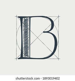 B letter logo with construction grid lines. Vector vintage serif character perfect to use in any architecture labels, boutique posters, luxury identity, etc.