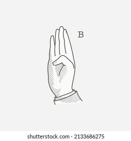 B Letter Logo In A Deaf-mute Hand Gesture Alphabet. Hand-drawn Engraving Style Vector American Sign Language Illustration.