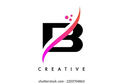 B Letter Logo Design with Elegant Creative Swoosh and Dots Vector. Modern Trendy B letter icon with Curved line cut and minimalist Look Vector Illustration.