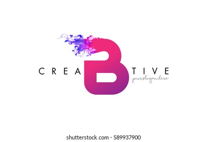 B Letter Logo Design with Ink Cloud Flowing Texture and Purple Colors.