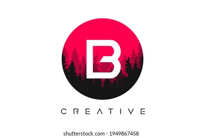 Diseño de logotipo de letra D con formas vectoriales de bosques de pino y forma circular roja Ilustración de color