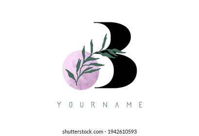 B Letter logo design with pink circle and green leaves. Vector Illustration with with Botanical elements. Nature template concept with B letter.