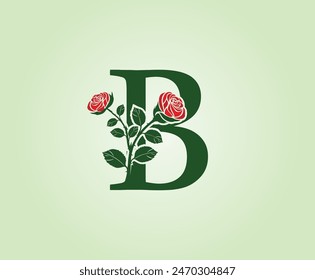 B Letter logo design with rose flower and leaves on a green background. Initial Letter B Vector Illustration combined with Botanical elements.