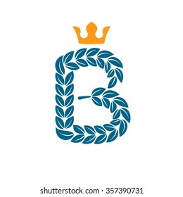 B letter logo formed by laurel wreath with crown. Vector design template elements for your application or corporate identity.