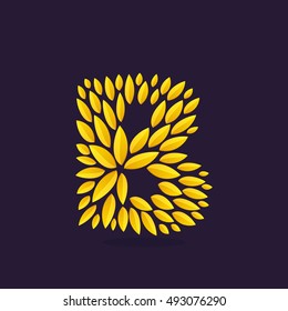 B letter logo formed by gold leaves. Vintage award laurel wreath. Vector triumph and success elements for banner, presentation, web page, card, labels or posters.