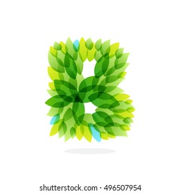 B letter logo formed by watercolor fresh green leaves. Brush stroke pattern. Vector ecology elements for posters, t-shirts and cards.