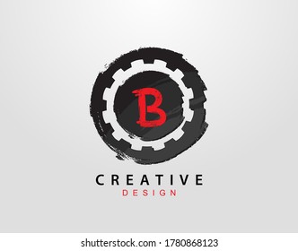 B Letter Logo With Gear and Circle Grunge Element. Retro Gear logo design template.