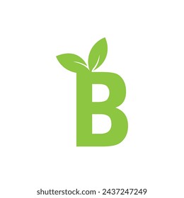 B letter logo and green leaf. Line style icon. Vector ecology elements for posters, t-shirts and cards.