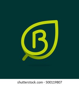 B letter logo in green leaf. Line style icon. Vector ecology elements for posters, t-shirts and cards.