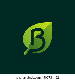 B letter logo in green leaf. Negative space style icon. Vector ecology elements for posters, t-shirts and cards.