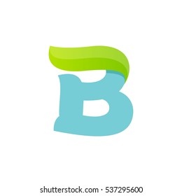 B letter logo with green leaf. Vector script font for your ecology posters, t-shirts, presentation or card.