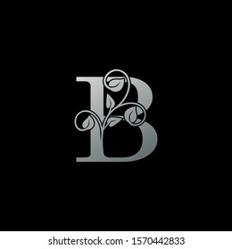 B Letter  logo icon. Monochrome Design concept logo  letter B  with  leaves silver color for initial, fashion, restaurant, cafe, hotel and more brand identity.