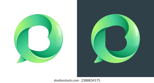 B letter logo inside speech bubble with swirl pattern. Negative space style icon. Colorful gradient emblem for your social media app, call center, online message, feedback icon, telemarketing screen.